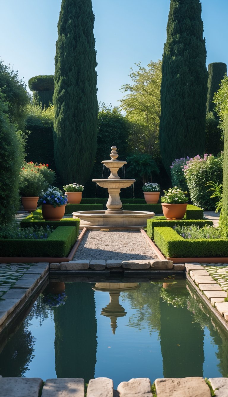 A peaceful garden with a stone fountain, a clear pond, green shrubs, flowering plants, and tall trees under a sunny sky.