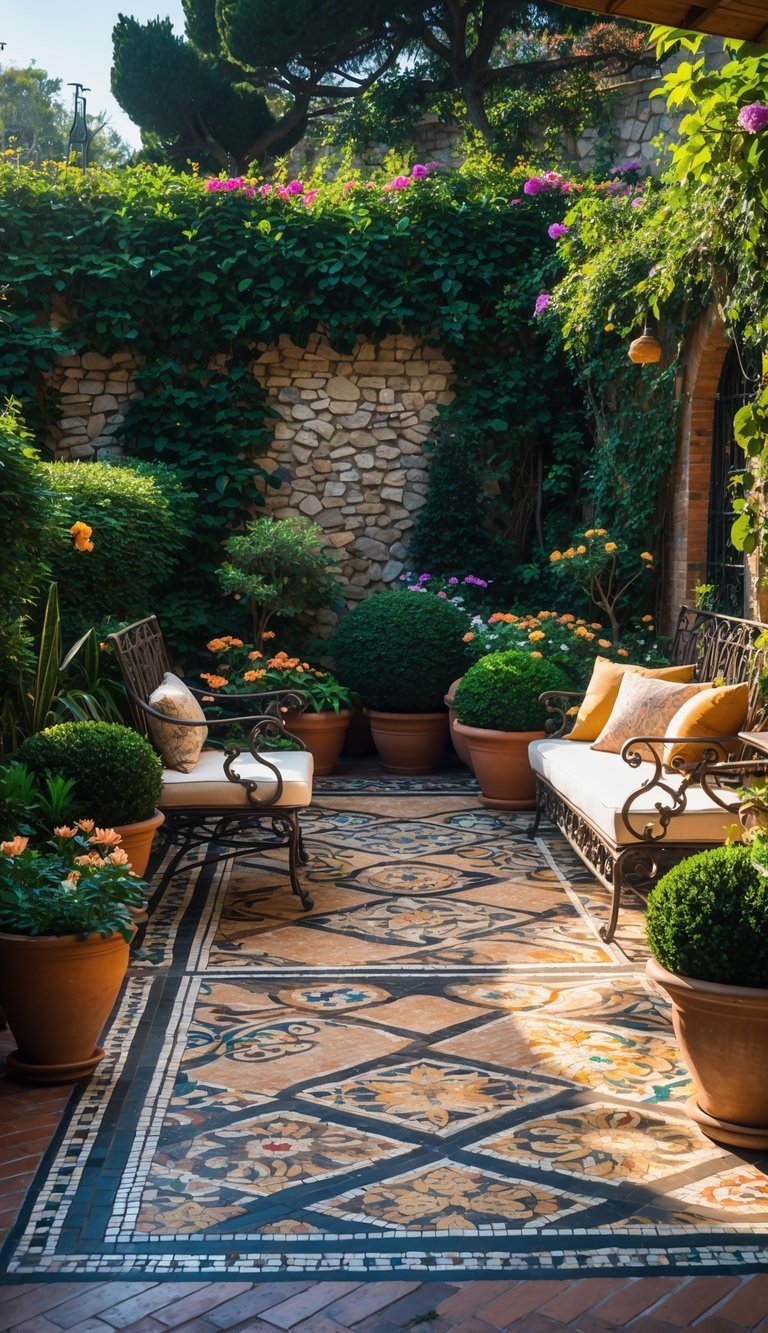 A garden patio with colorful mosaic tile flooring, surrounded by plants, flowers, and outdoor furniture.