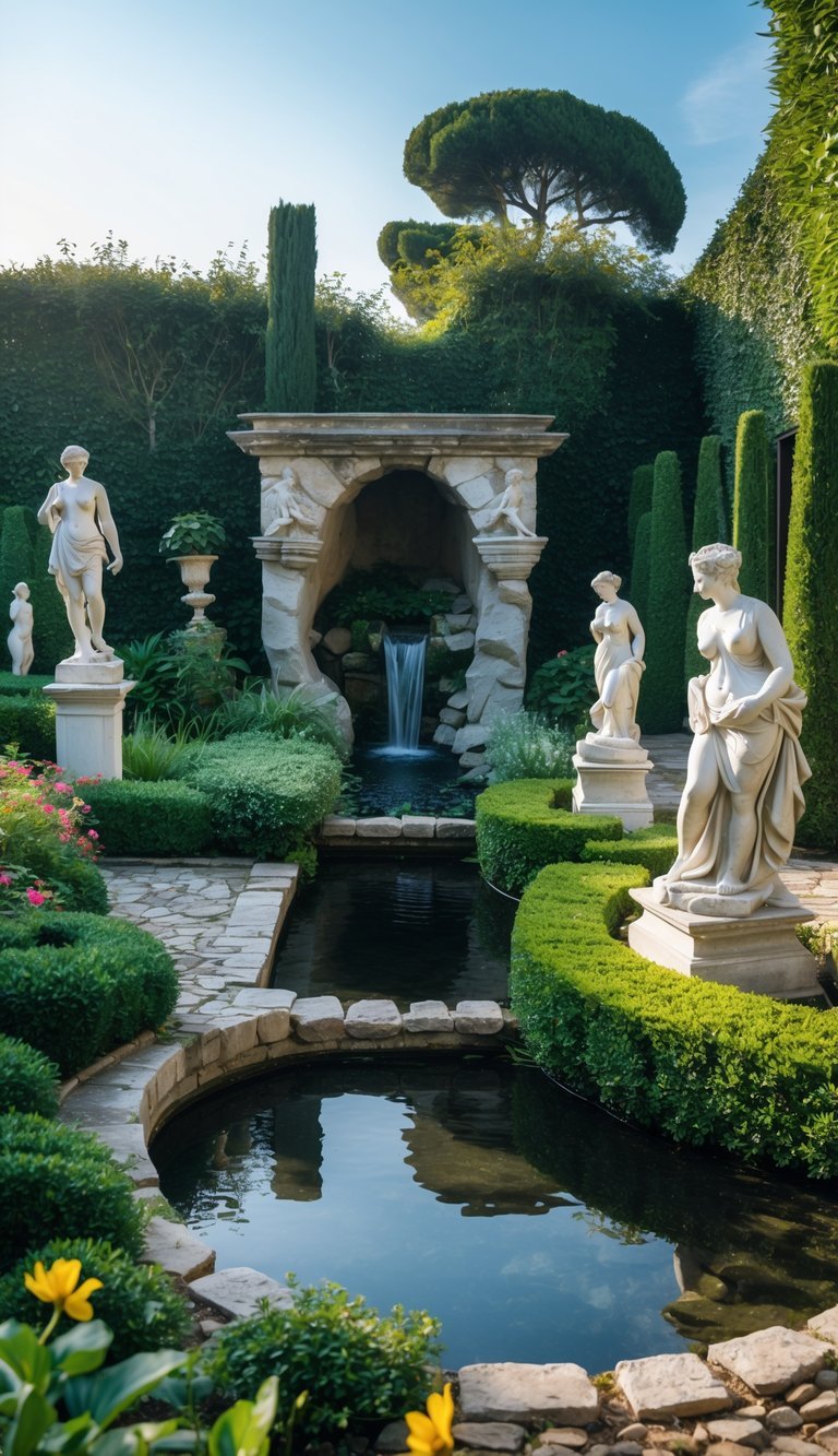 A peaceful garden scene with a stone grotto, flowing water, marble sculptures, green plants, and cobblestone paths.