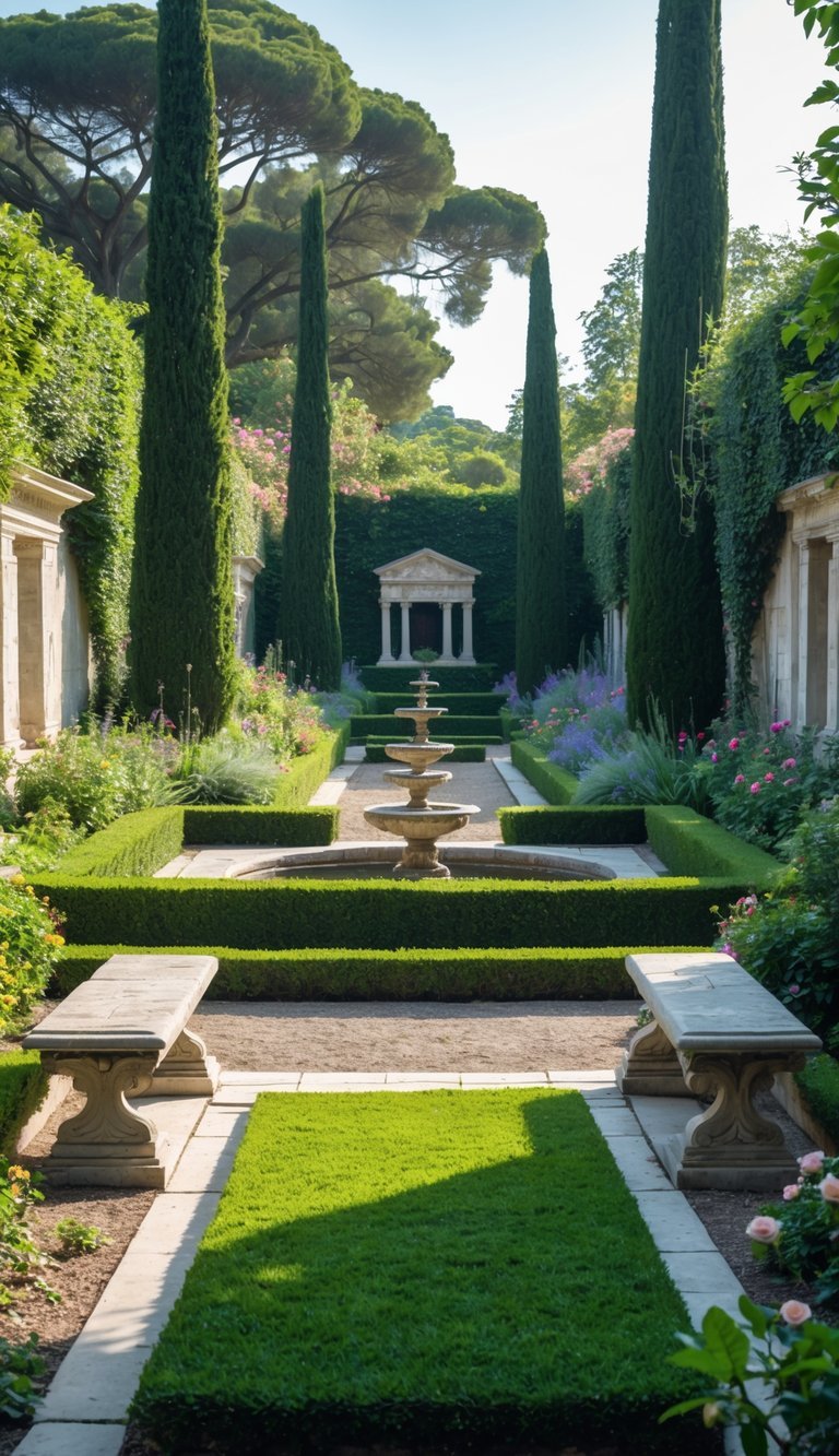 A sunken garden with stone benches, a central fountain, trimmed hedges, flowering plants, and tall trees under soft sunlight.
