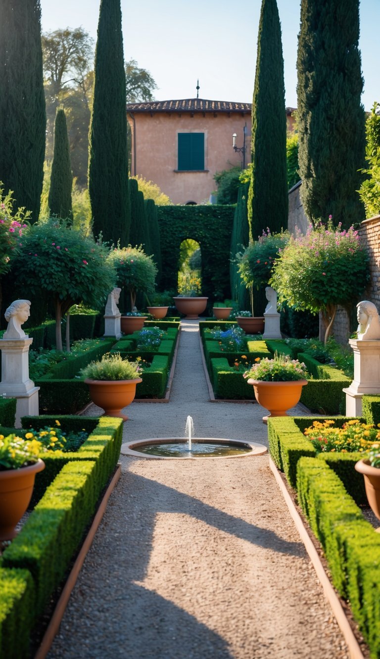 A peaceful Italian garden with trimmed hedges, flowering plants, stone sculptures, a central fountain, and a villa in the background.