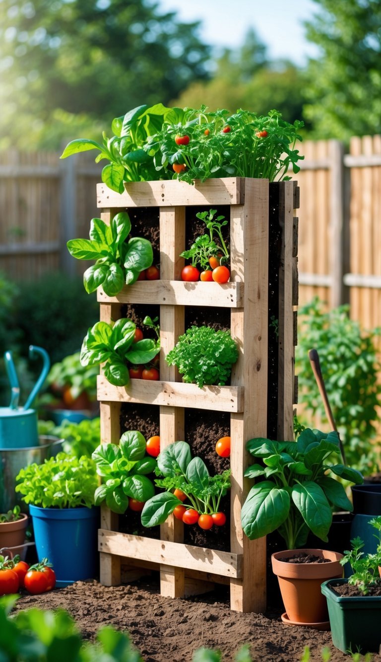 Wooden pallet used as a vertical garden planter with various growing vegetables and herbs outdoors.