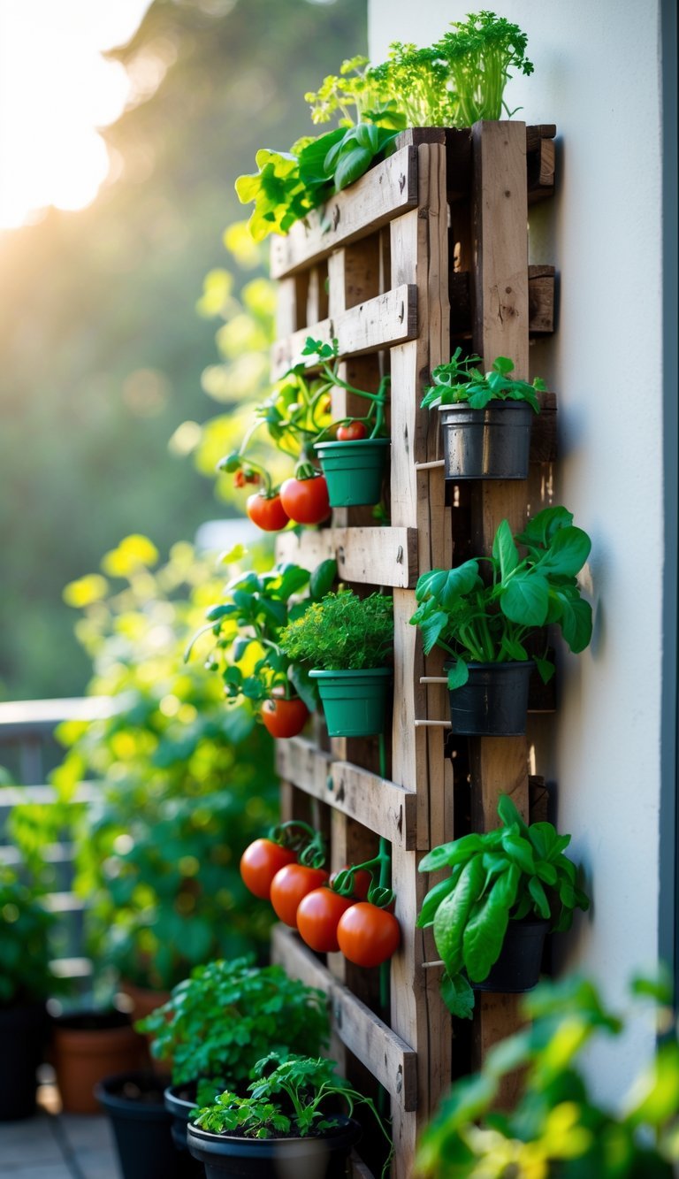 Vertical wooden pallet garden with various vegetables growing in pots attached to it outdoors.