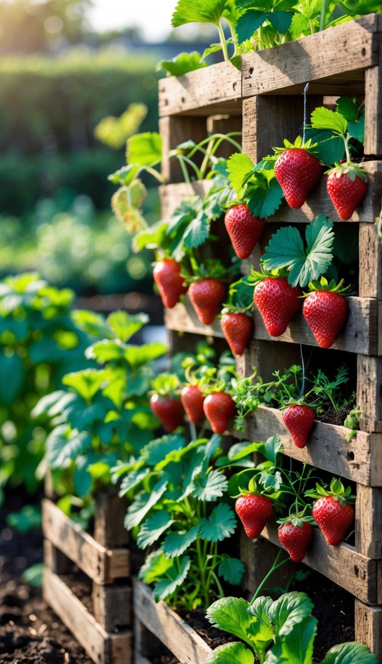A wooden pallet garden filled with green strawberry plants bearing red strawberries and various vegetable plants in an outdoor garden setting.