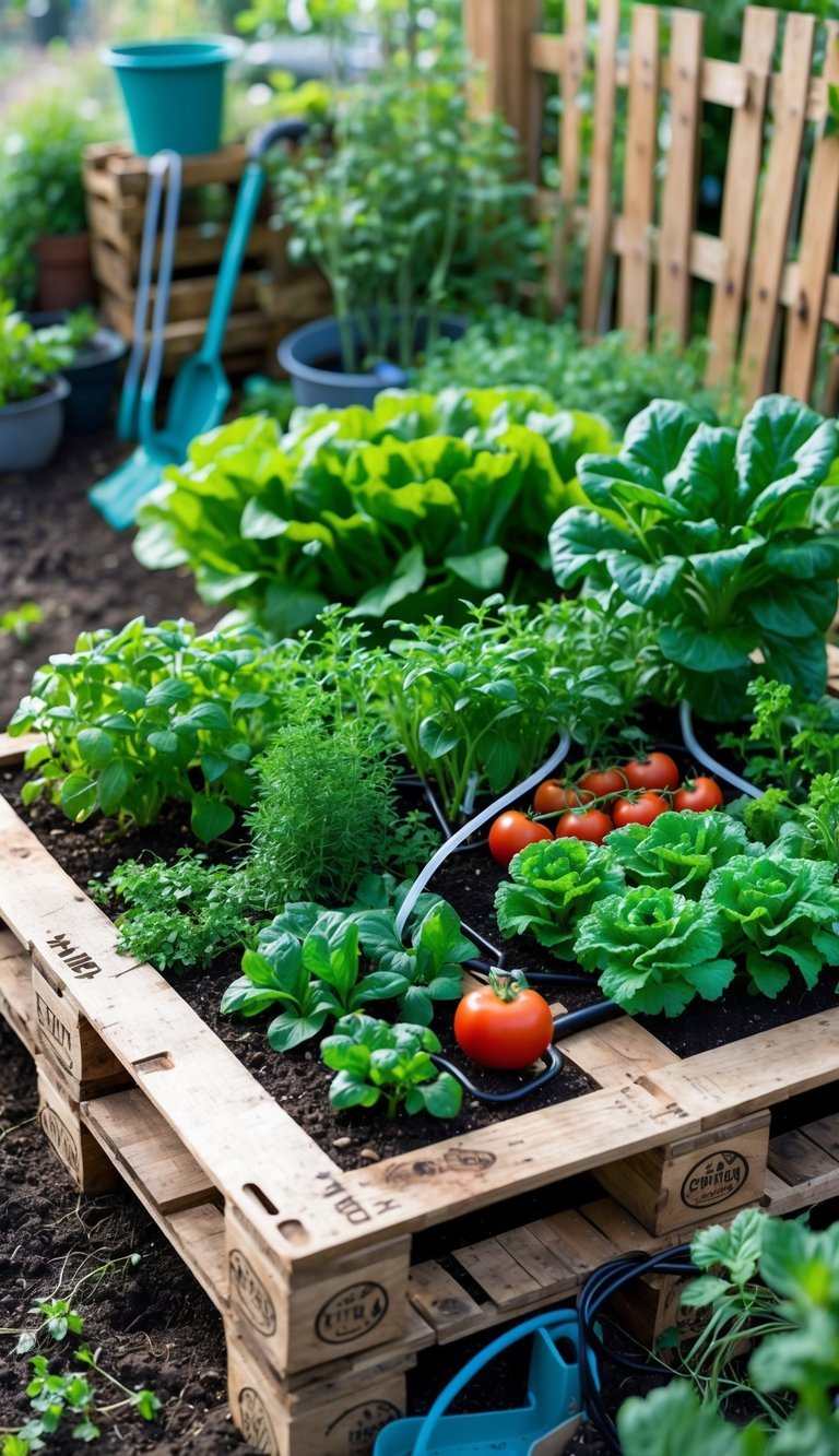A wooden pallet garden with various vegetable plants growing and a self-watering system supplying water to them outdoors.