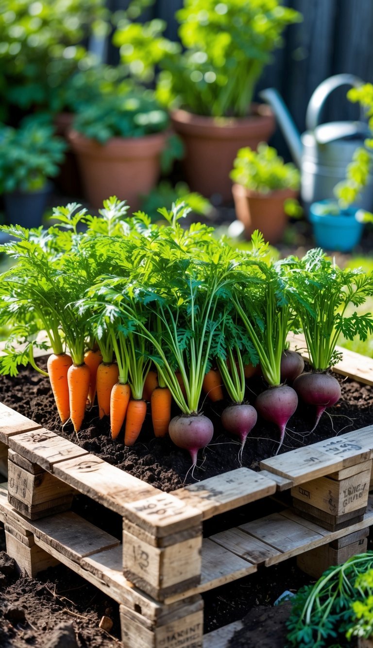 A wooden pallet garden filled with soil and growing green tops of carrots and beets outdoors in a sunny garden.