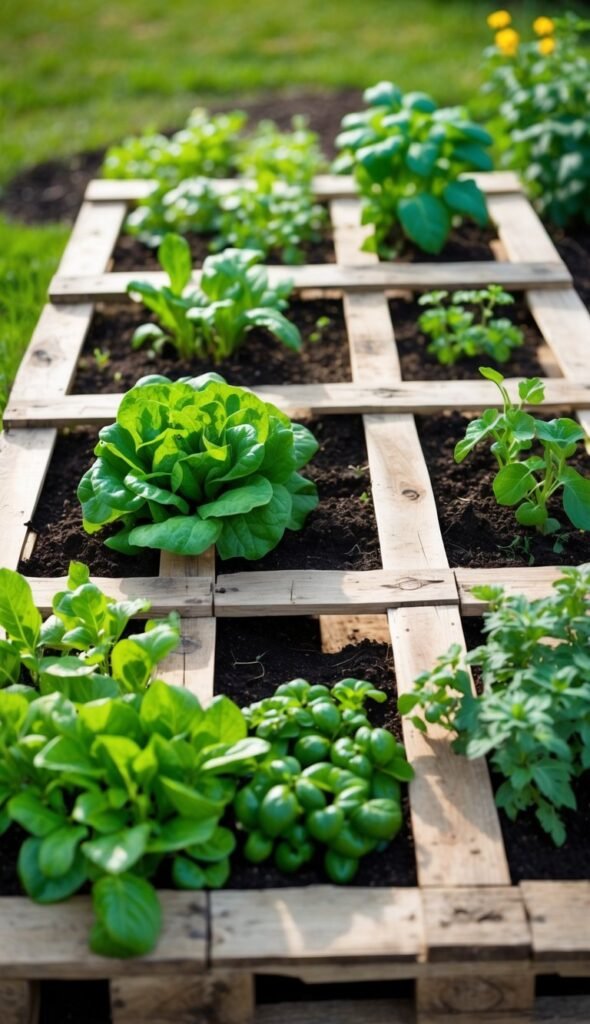 A wooden pallet garden bed with sections of soil, mulch, and compost growing various vegetable plants outdoors.