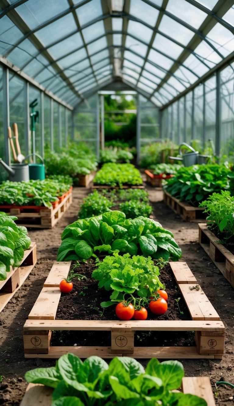 A greenhouse interior with wooden pallet gardens growing various vegetables and herbs in soil.