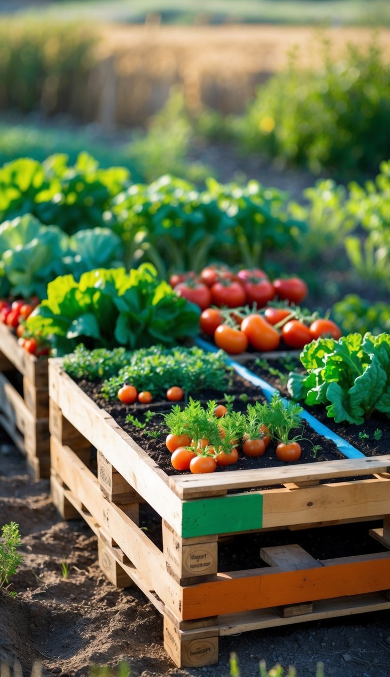 A wooden pallet garden with color-coded sections growing various healthy vegetable plants outdoors.