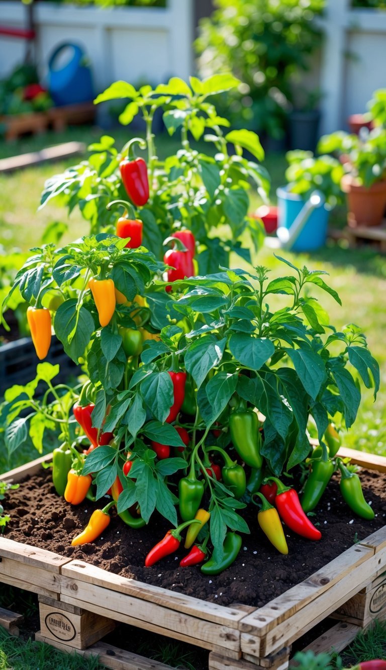 Wooden pallet garden filled with pepper and chili plants growing outdoors in a sunny garden.