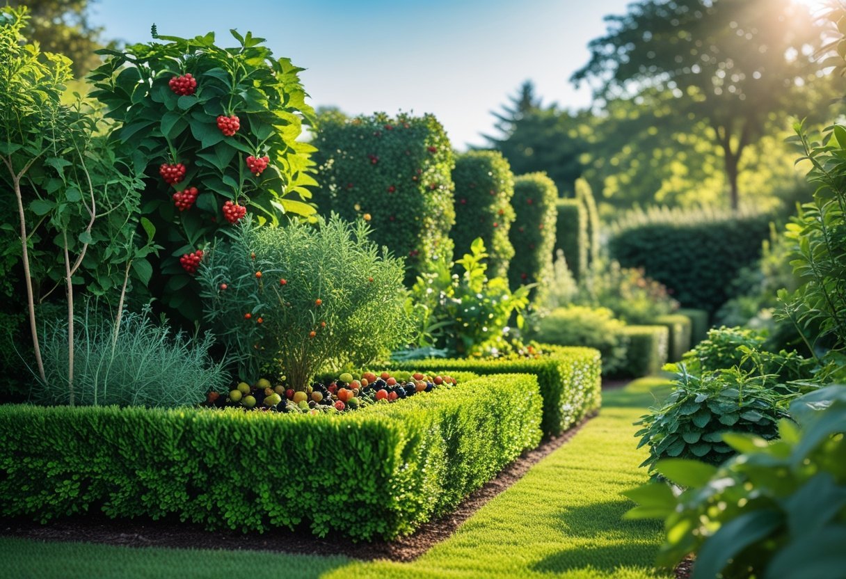 21+ Edible Hedge Garden Ideas: Easy-to-Grow Plants for a Productive US Backyard 1 A neatly trimmed edible hedge garden with green plants, berries, and small fruits in a sunny outdoor setting.