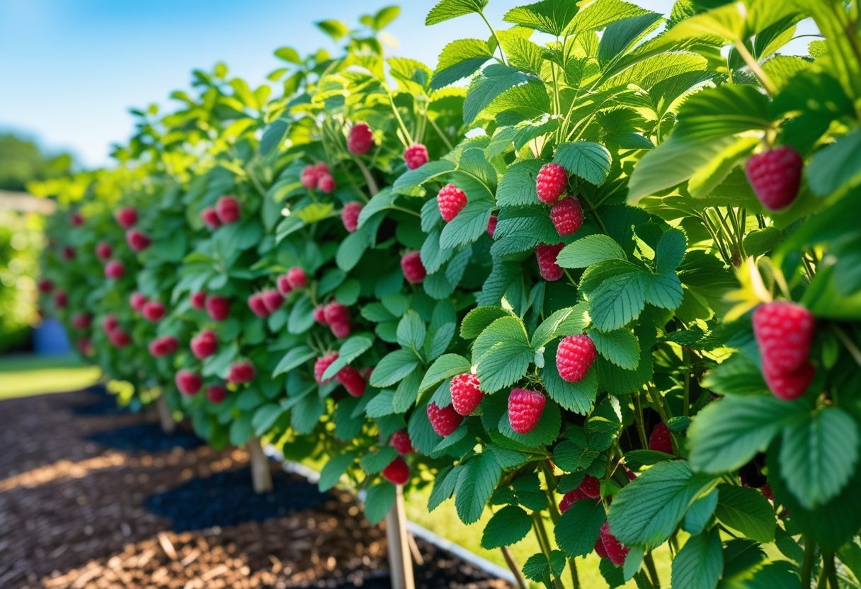 21+ Edible Hedge Garden Ideas: Easy-to-Grow Plants for a Productive US Backyard 3 A raspberry hedge garden with ripe red raspberries and green leaves in a sunny outdoor setting.