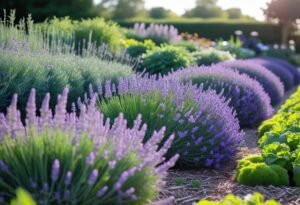 A garden with neatly trimmed lavender hedges and other edible plants under a clear sky.