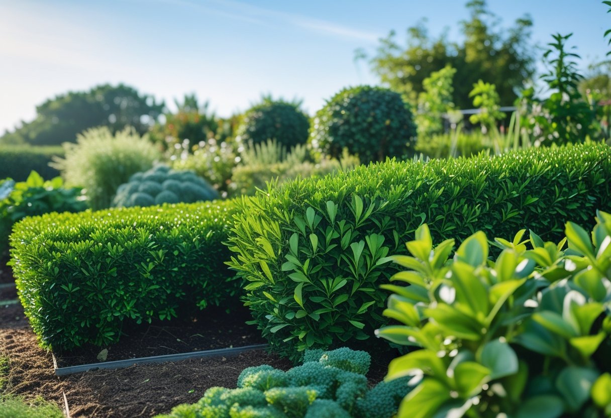 21+ Edible Hedge Garden Ideas: Easy-to-Grow Plants for a Productive US Backyard 13 A garden with neatly trimmed bay laurel hedges surrounded by other edible plants under natural sunlight.