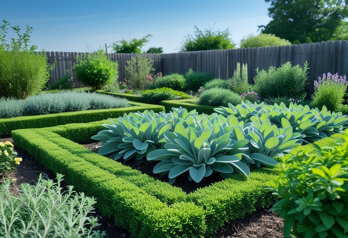 21+ Edible Hedge Garden Ideas: Easy-to-Grow Plants for a Productive US Backyard 14 A garden with neatly trimmed sage hedges forming pathways, surrounded by other edible herbs under natural daylight.