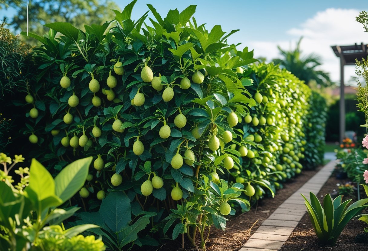 21+ Edible Hedge Garden Ideas: Easy-to-Grow Plants for a Productive US Backyard 16 A lush garden with a dense hedge of Chilean Guava plants bearing small round fruits next to a garden pathway.