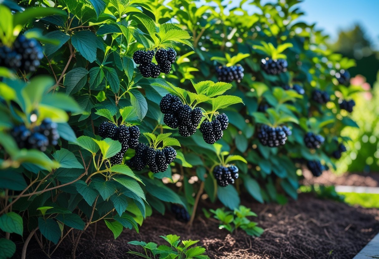21+ Edible Hedge Garden Ideas: Easy-to-Grow Plants for a Productive US Backyard 17 A dense hedge of Aronia chokeberry plants with dark green leaves and clusters of ripe black berries in a sunny garden.