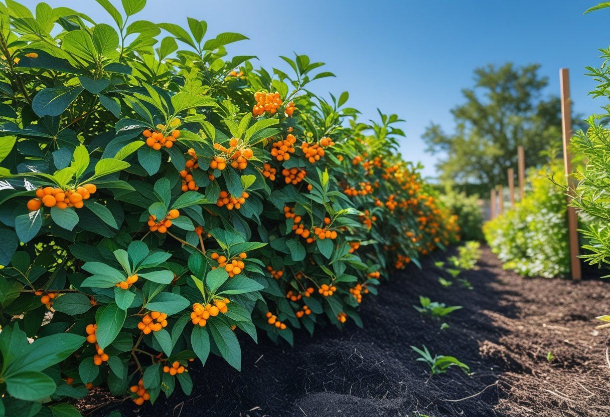 21+ Edible Hedge Garden Ideas: Easy-to-Grow Plants for a Productive US Backyard 18 A dense sea buckthorn hedge with bright orange berries in a well-kept edible garden under a clear sky.
