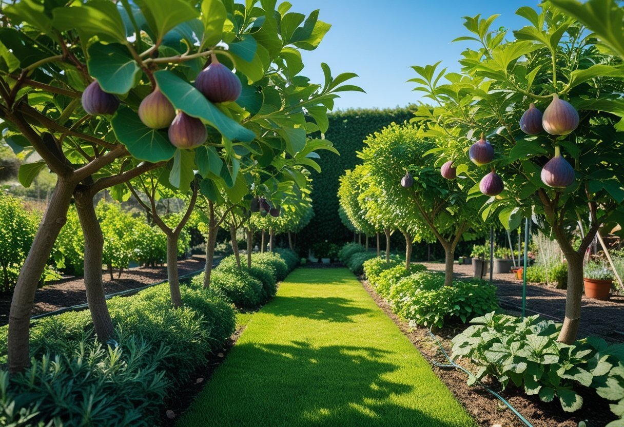 21+ Edible Hedge Garden Ideas: Easy-to-Grow Plants for a Productive US Backyard 19 A well-maintained garden hedge made of fig trees with ripe figs on the branches under a clear sky.