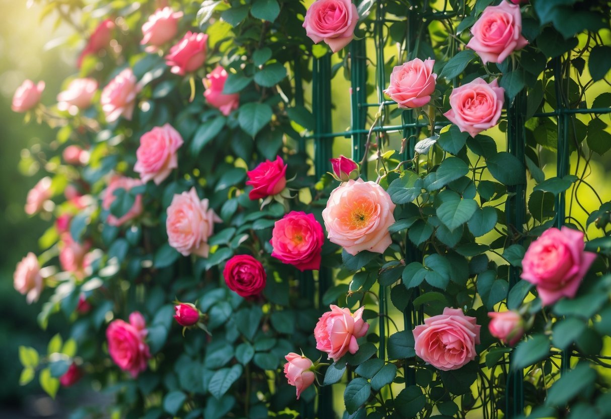 19+ Flowering Vines to Grow for Stunning Year-Round Color in Your US Garden 12 Climbing rose flowering vines growing on a trellis with green leaves and pink and red roses.