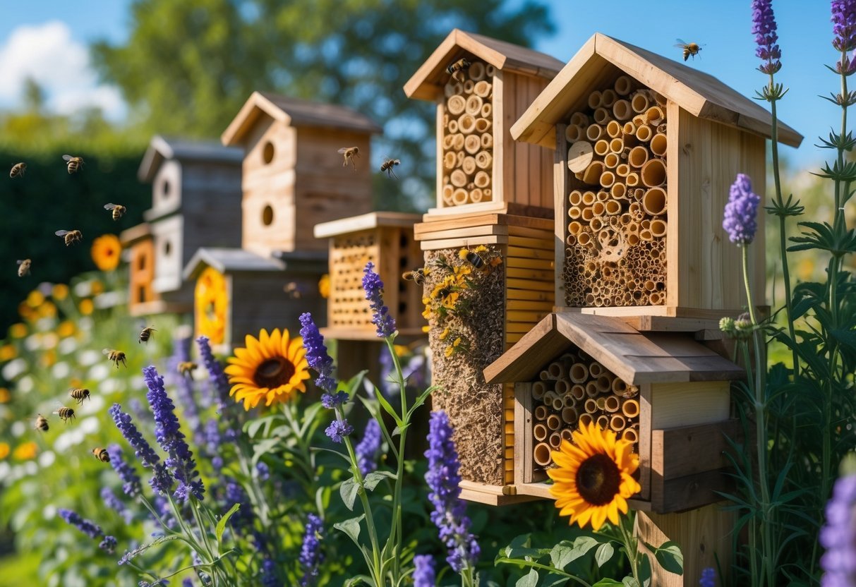 A garden with wooden bee hotels surrounded by colorful flowers and bees visiting the plants.