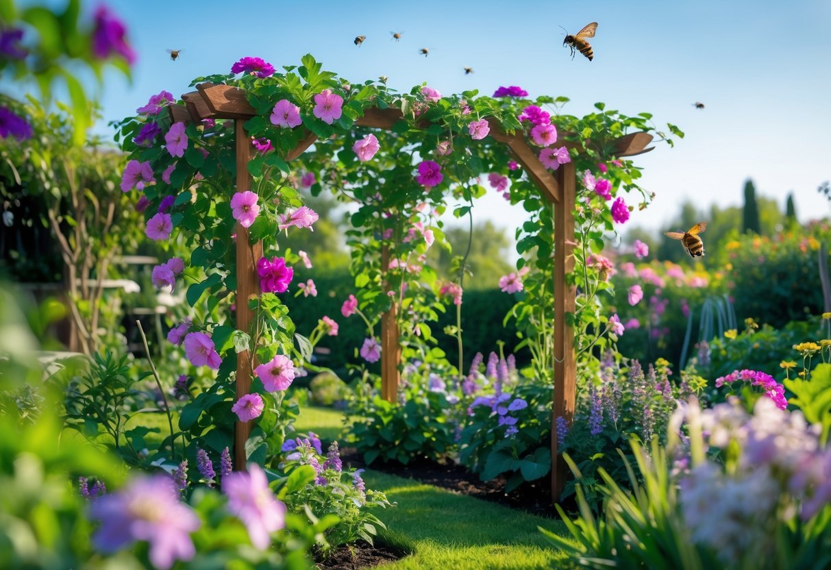 A wooden trellis covered with colorful flowering vines surrounded by flowering plants with bees and butterflies pollinating the flowers in a garden.
