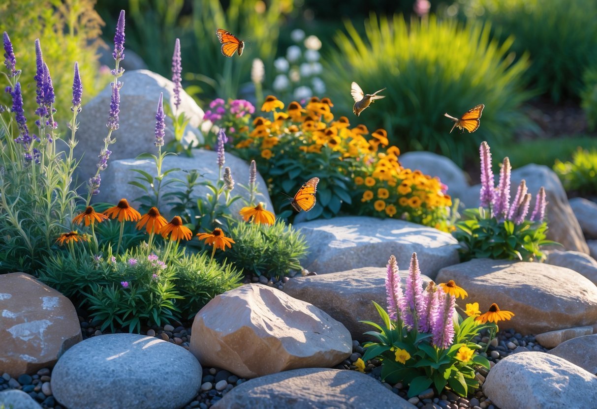 A rock garden filled with colorful pollinator plants and visiting butterflies, bees, and hummingbirds in a lush outdoor setting.