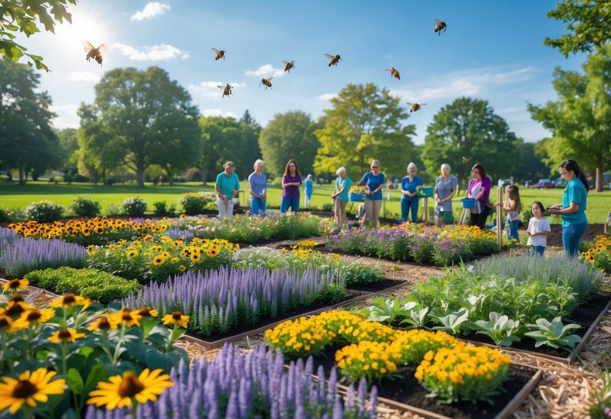 A community pollinator garden with colorful flowers and various pollinators, with people gardening nearby in a sunny park.