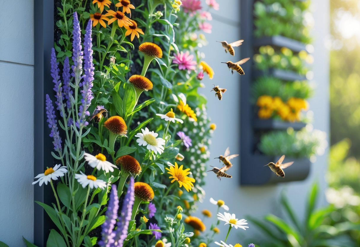 A vertical garden with colorful pollinator plants attracting bees, butterflies, and hummingbirds.