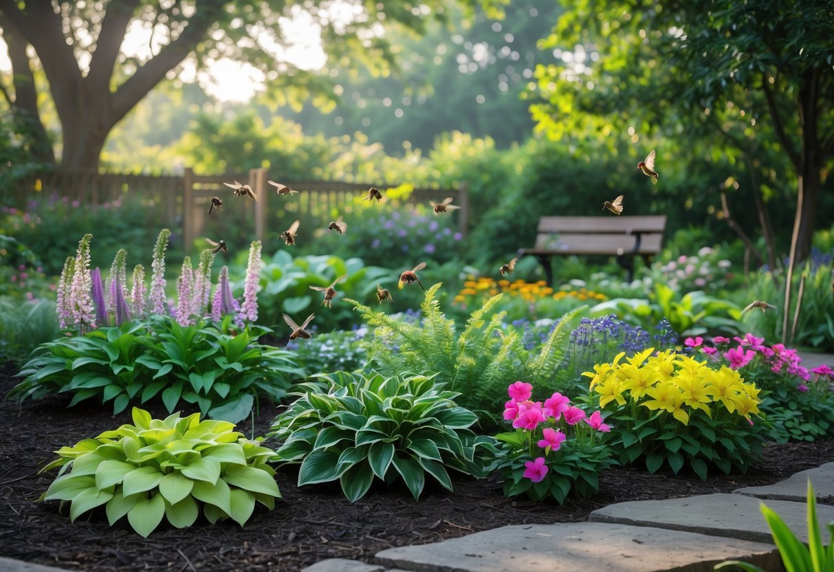 A shaded garden with flowering plants and pollinators like bees and butterflies among green foliage under trees.
