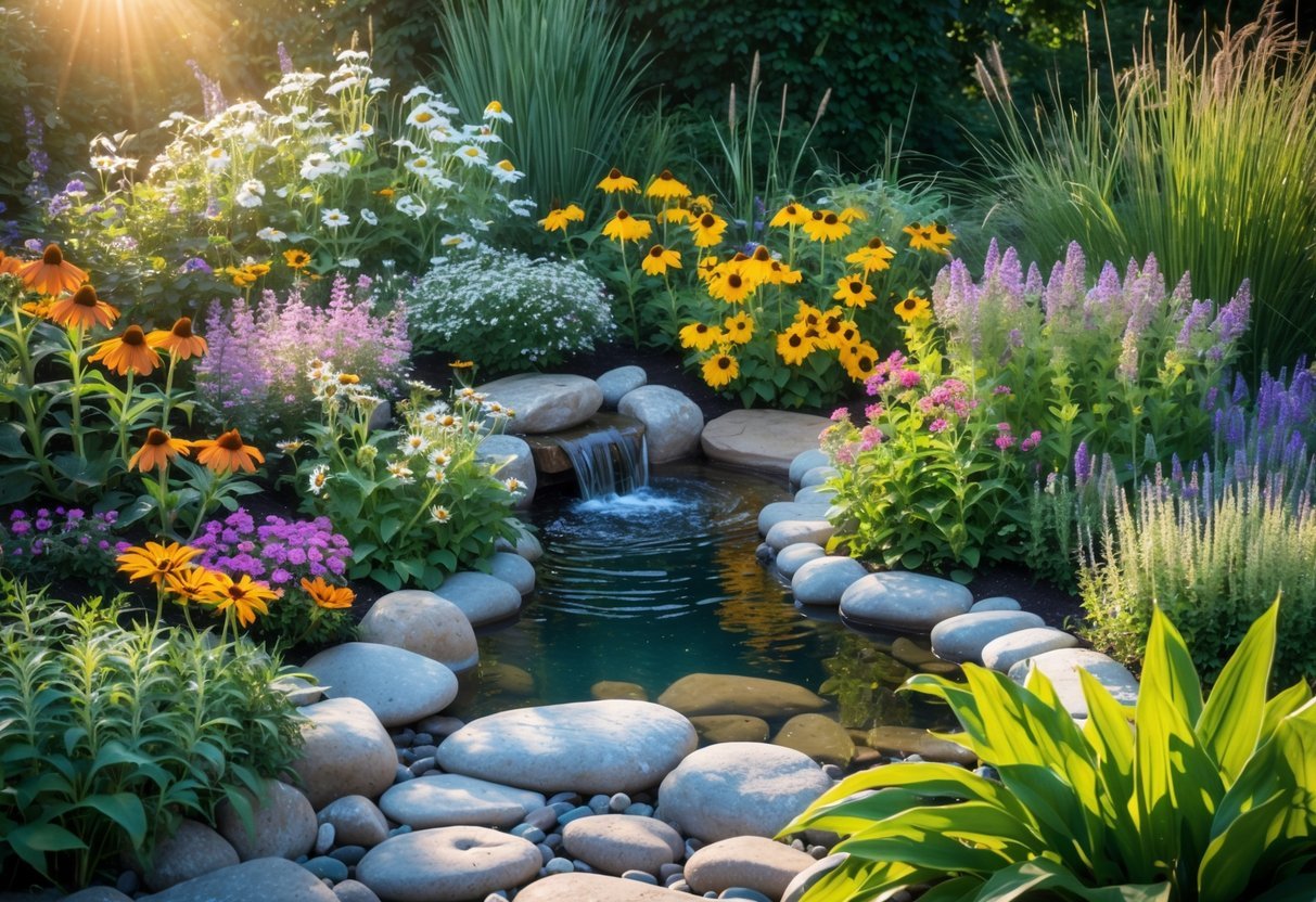 A colorful pollinator garden with blooming flowers, bees, butterflies, hummingbirds, and a small water feature surrounded by stones and plants.
