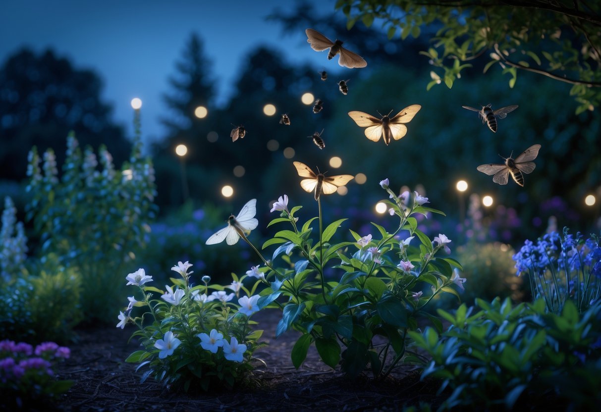 A nighttime garden filled with blooming night flowers and nocturnal pollinators like moths and bats feeding on them.