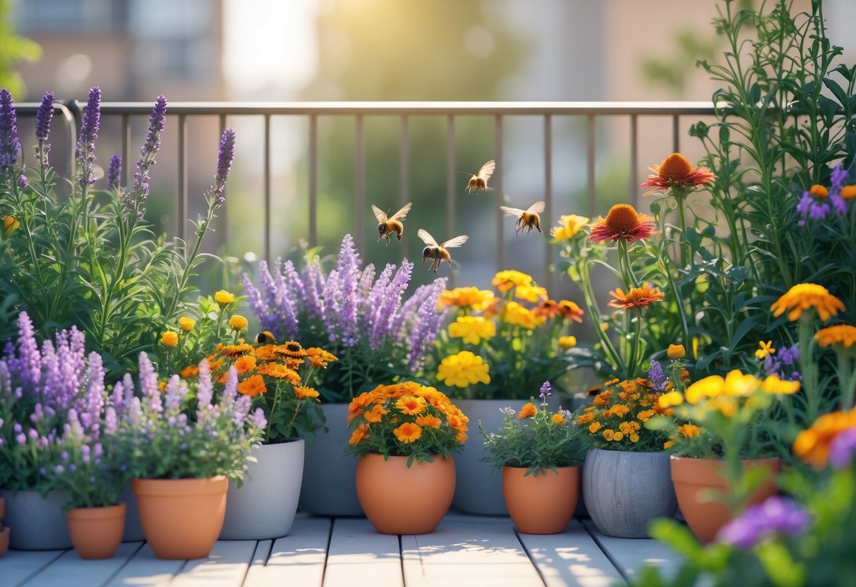 A small garden with colorful flowers and pollinators like bees and butterflies in an urban balcony setting.