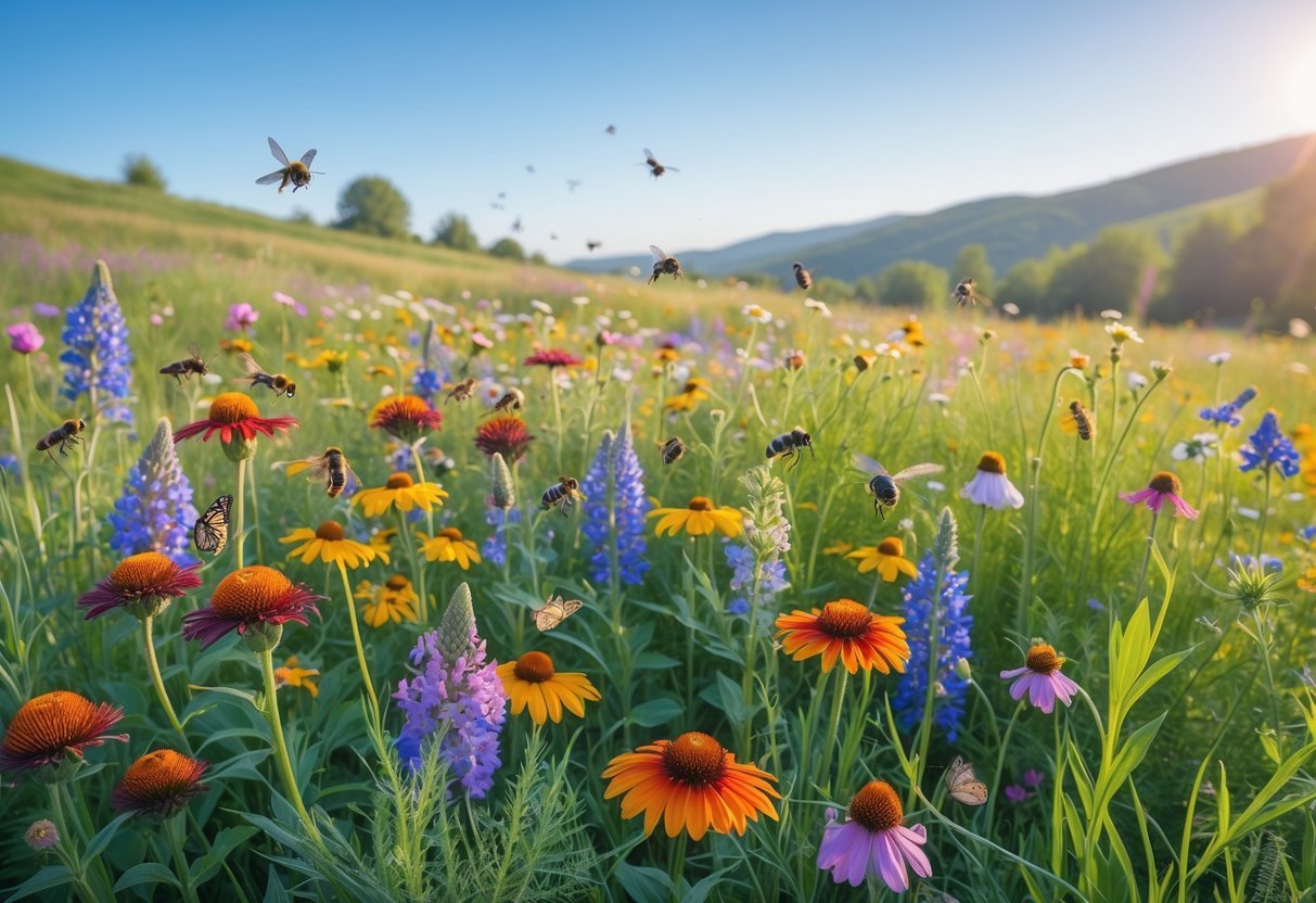 A colorful wildflower meadow filled with blooming flowers and various pollinators like bees and butterflies under a clear sky.