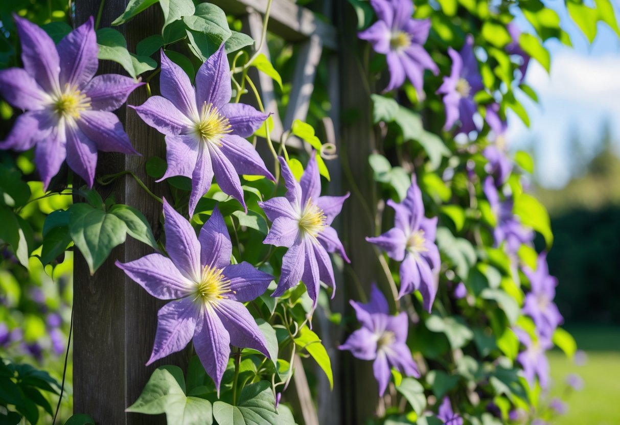 19+ Flowering Vines to Grow for Stunning Year-Round Color in Your US Garden 4 Vibrant clematis flowering vines with purple and white blooms climbing a wooden trellis in a garden.