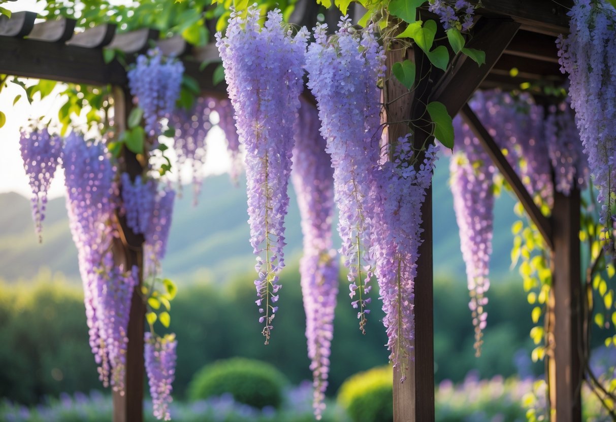 19+ Flowering Vines to Grow for Stunning Year-Round Color in Your US Garden 5 Wisteria flowering vines with purple blossoms cascading over a wooden pergola in a garden.