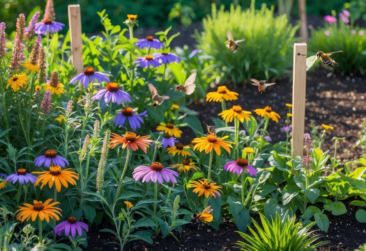 A native plant pollinator garden with colorful wildflowers and various pollinators like bees and butterflies visiting the flowers.