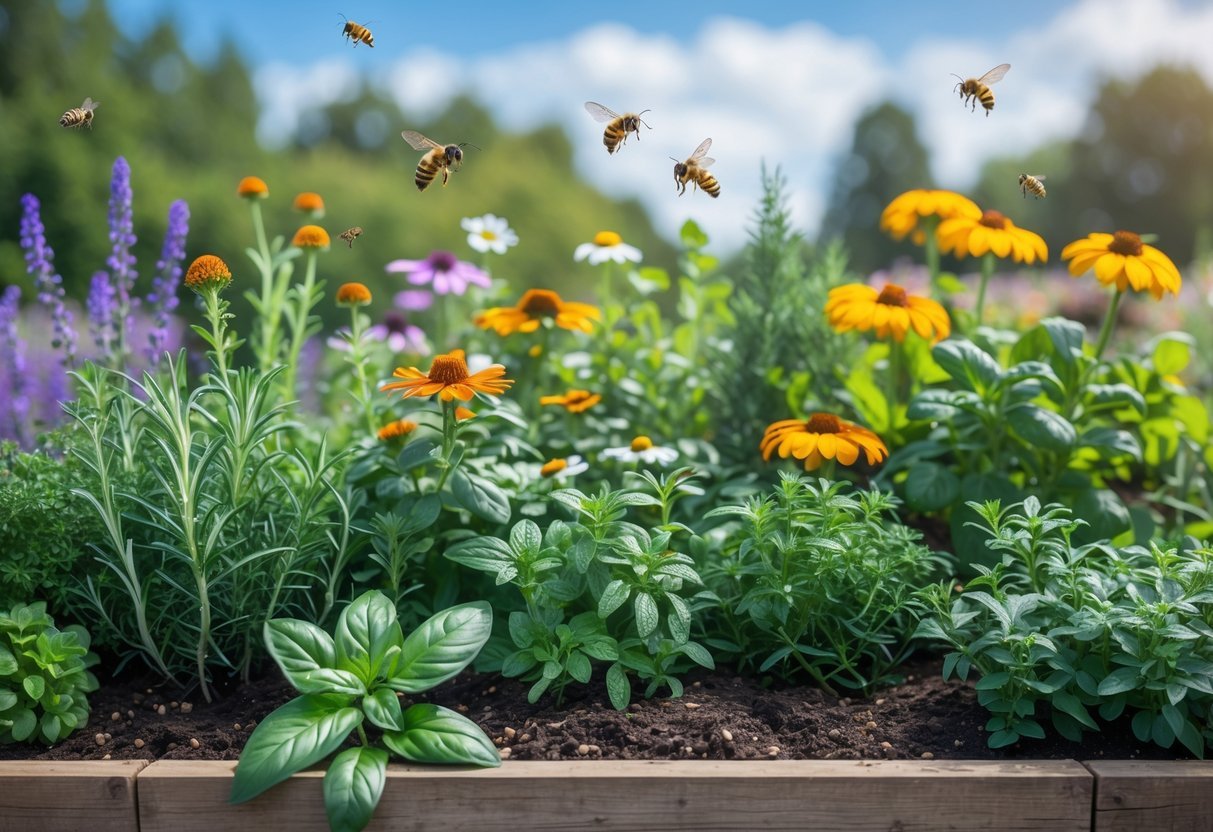 A lush herb garden with various green herbs and colorful flowers, with bees and butterflies visiting the plants outdoors.