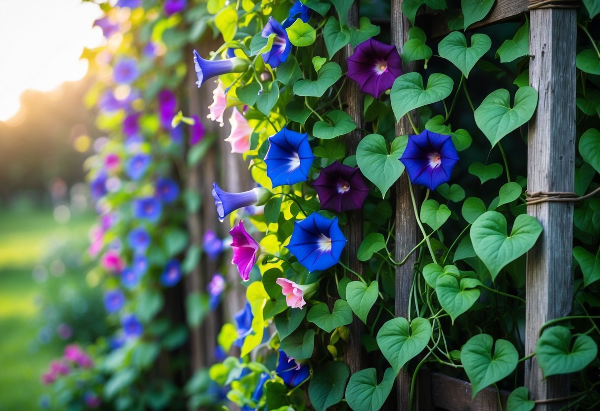 19+ Flowering Vines to Grow for Stunning Year-Round Color in Your US Garden 7 Morning glory flowering vines with purple and blue trumpet-shaped flowers climbing a wooden trellis in a garden.
