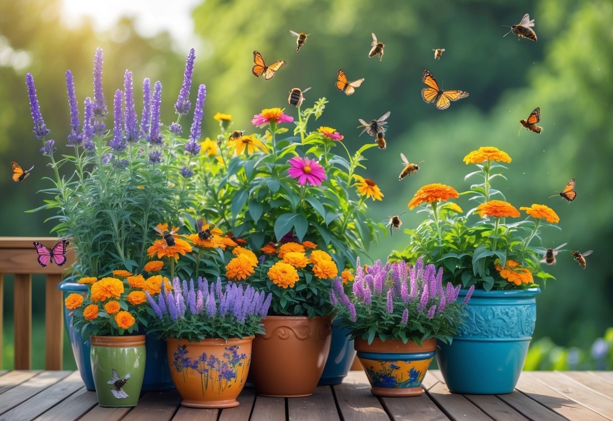 A container garden with colorful flowering plants attracting butterflies, bees, and hummingbirds on a wooden deck.