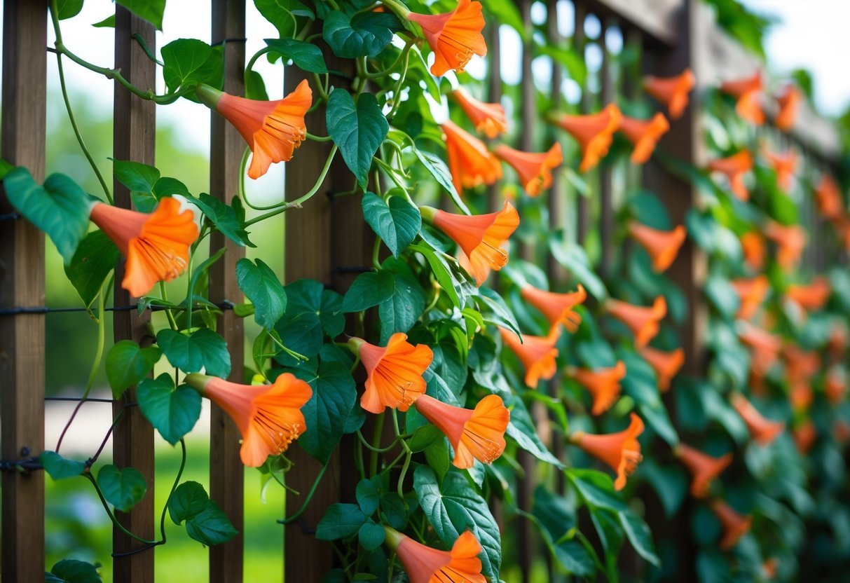19+ Flowering Vines to Grow for Stunning Year-Round Color in Your US Garden 8 Bright orange-red trumpet-shaped flowers and green leaves of Trumpet Vine climbing a wooden trellis in a garden.