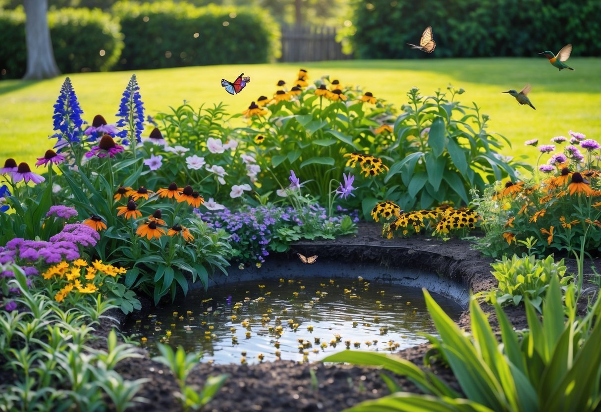 A rain garden filled with colorful nectar-rich flowers attracting butterflies, bees, and hummingbirds.