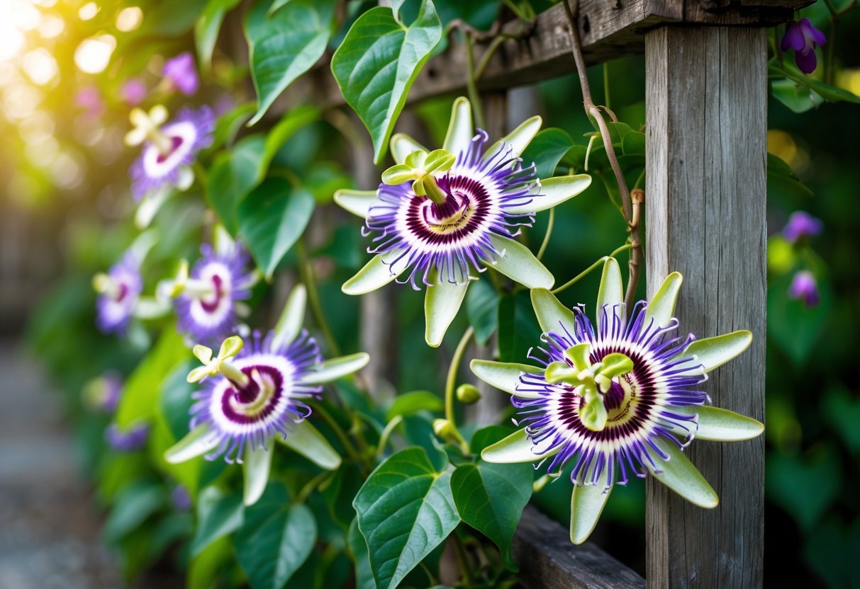 19+ Flowering Vines to Grow for Stunning Year-Round Color in Your US Garden 9 Close-up of passionflower vines with green leaves and colorful blooming flowers growing on a wooden trellis.