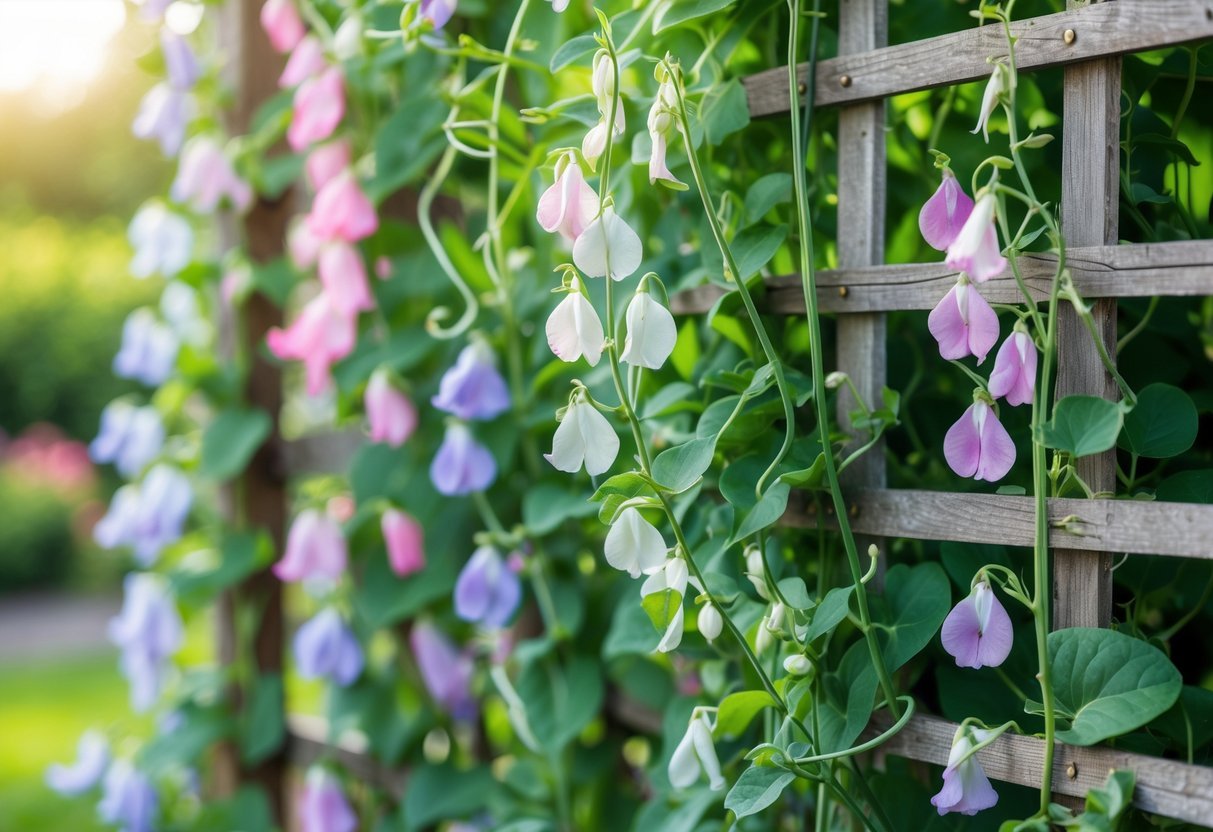 19+ Flowering Vines to Grow for Stunning Year-Round Color in Your US Garden 10 Sweet Pea flowering vines with pink, white, and lavender blossoms growing on a garden trellis.