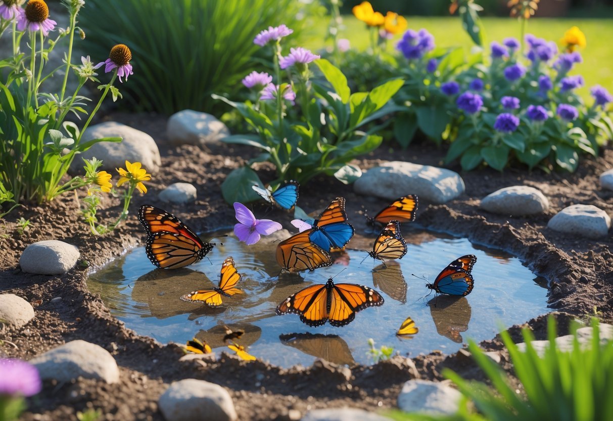 Butterflies gathered around a shallow puddle in a garden surrounded by green plants and colorful flowers.