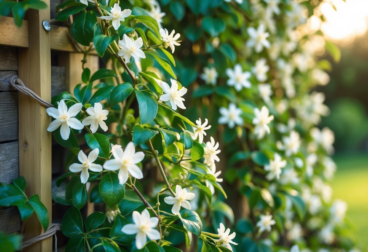 19+ Flowering Vines to Grow for Stunning Year-Round Color in Your US Garden 11 Nine jasmine flowering vines with white blossoms and green leaves growing on a wooden trellis outdoors.