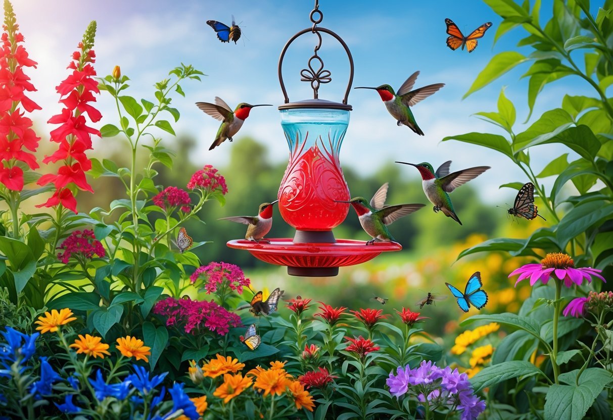 A colorful pollinator garden with a hummingbird feeder surrounded by flowering plants and hummingbirds feeding.