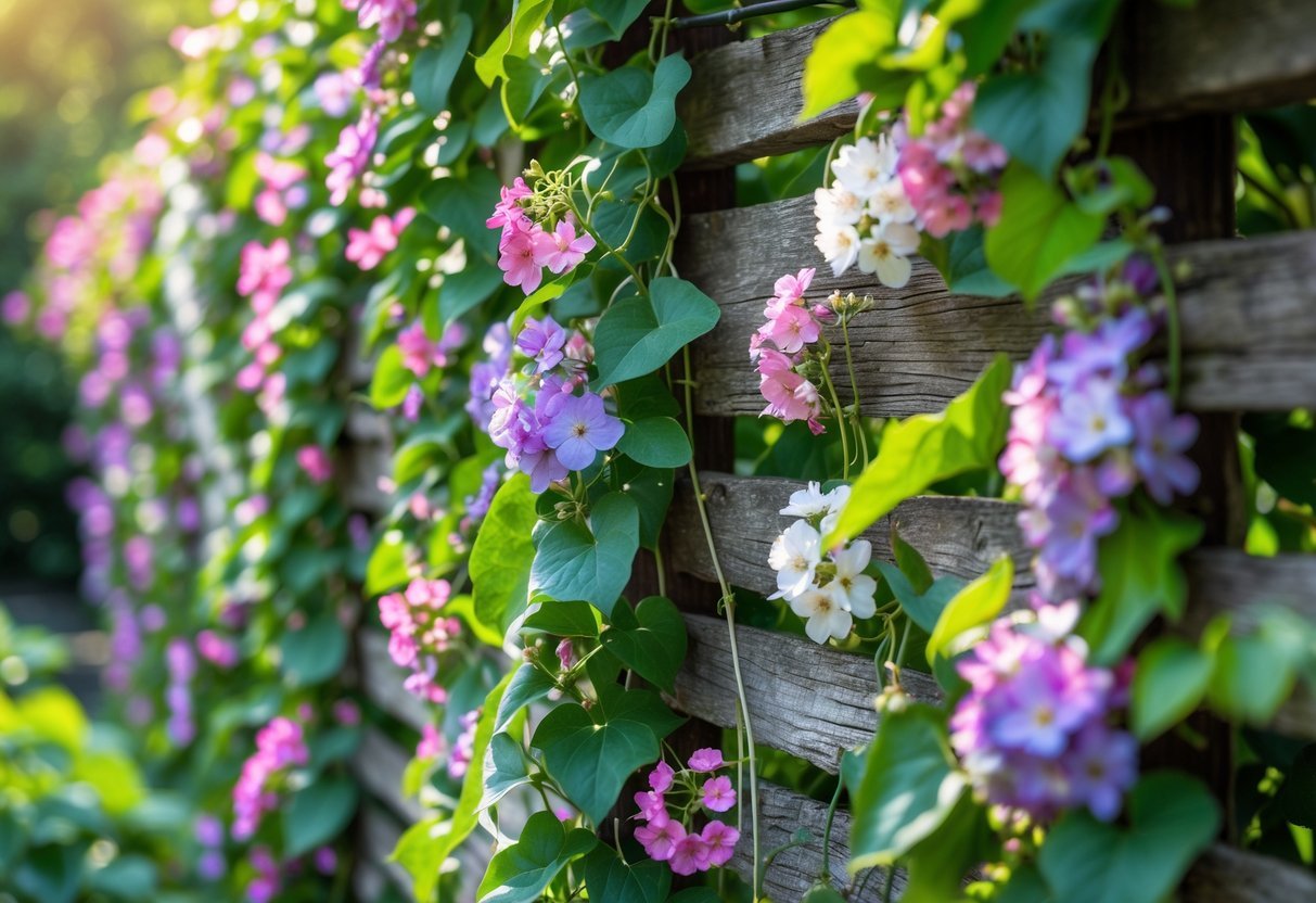 19+ Flowering Vines to Grow for Stunning Year-Round Color in Your US Garden 2 Flowering vines with colorful blossoms growing on a wooden trellis in a garden.