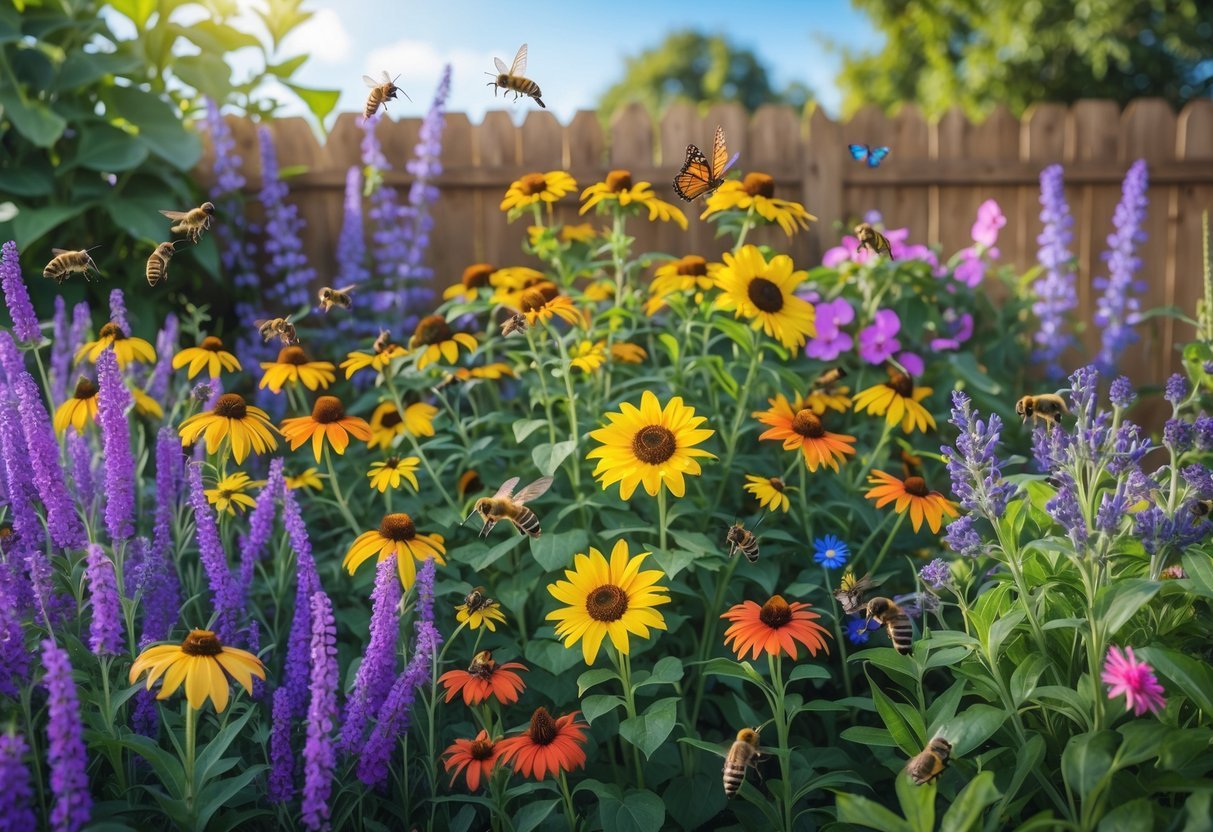 A colorful garden filled with various flowers and pollinators like bees, butterflies, and hummingbirds on a sunny day.