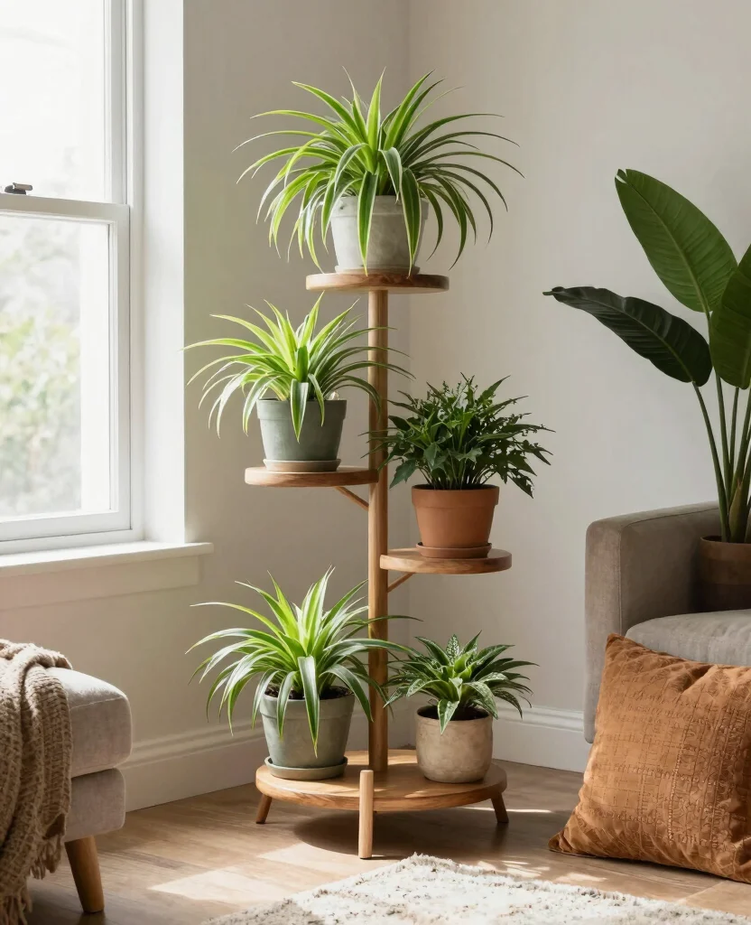 17 Spider Plant Display Ideas for a Stunning Green Look 6 17 Spider Plant Display Ideas for a Stunning Green Look 5. Creative Plant Stands for Added Height 0